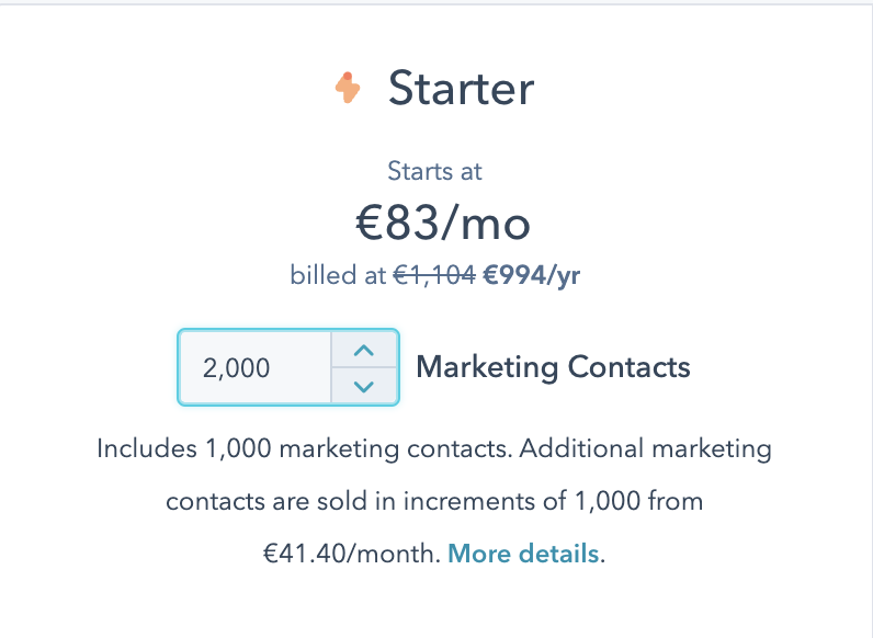 Le prix d'un pack HubSpot Starter avec 2000 contacts marketing